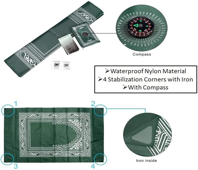 2-Piece Travel Prayer Mat, 60cm*100cm Portable, Waterproof, Compass Design, Green, Blue