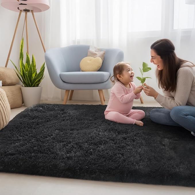 Zentavio Black Area Rugs for Living Room Bedroom 6x9 Large Men Room Carpet Fluffy Furry Shag Aesthetic Plush High Pile Floor Rug for Nursery Kids Room Dorm Home Decor