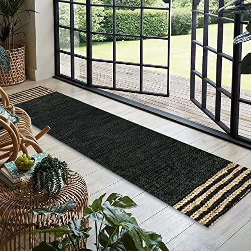GRUHUM Jute Runner Rugs 2'6"x14' ft Natural Fibre Black Rectangular Leather Handwoven Boho Farmhouse Braided Rustic Vintage Eco Friendly Jute Area Rug Kitchen Livingroom Bedroom Hallways Enterways