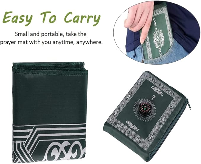 2-Piece Travel Prayer Mat, 60cm*100cm Portable, Waterproof, Compass Design, Green, Blue