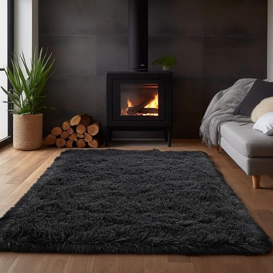Zentavio Black Area Rugs for Living Room Bedroom 5x8 Large Men Room Carpet Fluffy Furry Shag Aesthetic Plush High Pile Floor Rug for Nursery Kids Room Dorm Home Decor
