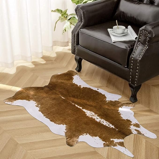 AROGAN Premium Faux Cowhide Rug 110 x70 cm/3.6 x 2.3 feet, Durable and Large Size Cow Print Rugs, Suitable for Bedroom Living Room Western Decor, Faux Fur Animal Cow Hide Carpet, Brown