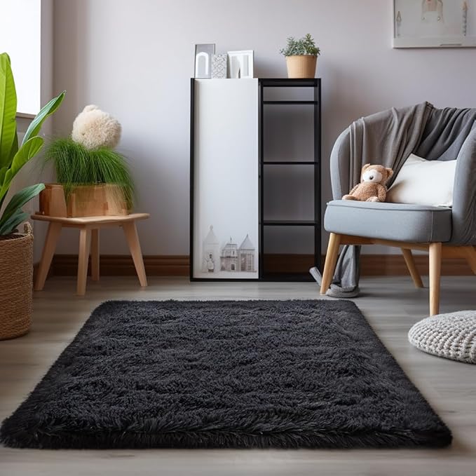 Zentavio Area Rugs for Living Room Small Carpet for Bedroom Black 3x5 Bedside Washable Soft Fluffy Shag Aesthetic Plush High Pile Throw Rug for Nursery Kids Room Dorm Room