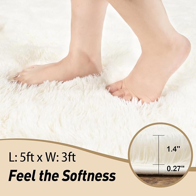 3x5 Rugs for Bedroom, Large Fluffy Cream White Area Rugs for Living Room, Soft Shag Kids Rug Small Carpet with 4 Non-Slip Rug Pads (3ft x 5ft, Cream White)