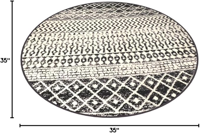 Moroccan Round Rug 3ft, Black Distressed Entryway Rug Non-Slip Circle Rug, Washable Non-Shedding Throw Rugs Indoor Door Mat for Bedroom Bathroom Kitchen Laundry Room Nursery