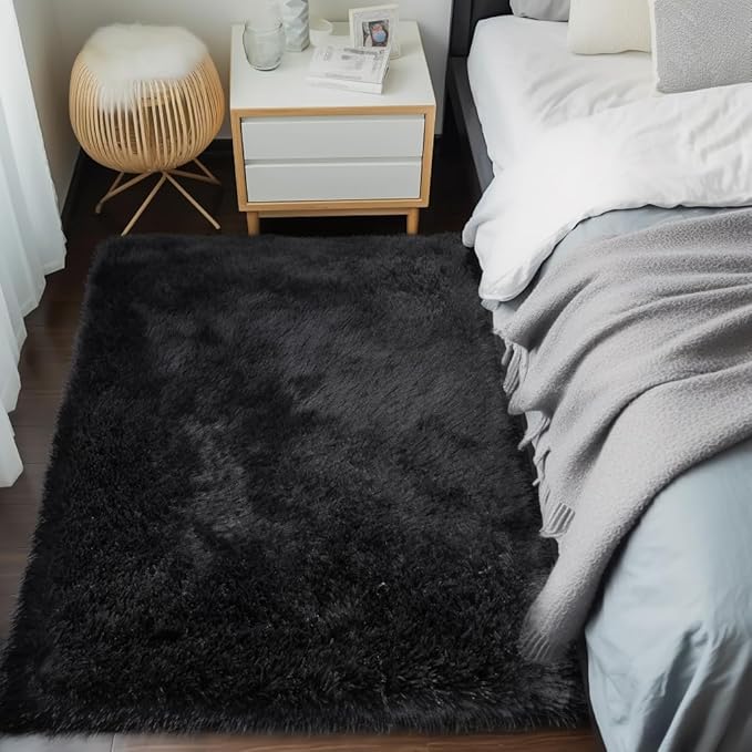 Zentavio Area Rugs for Living Room Small Carpet for Bedroom Black 3x5 Bedside Washable Soft Fluffy Shag Aesthetic Plush High Pile Throw Rug for Nursery Kids Room Dorm Room