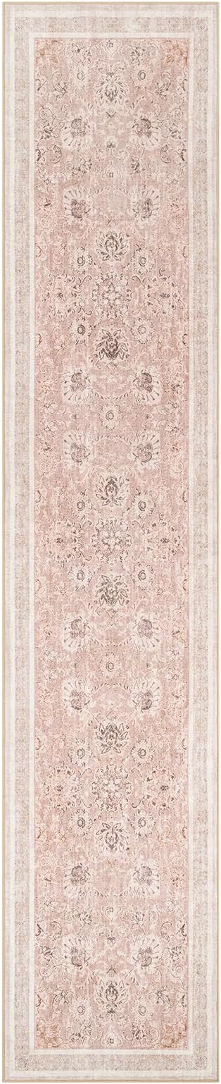 Phantoscope Hallway Runner Rug 2'x10'- Long Rug Runner Boho Washable Non-Slip Carpet for Kitchen Entryway Laundry Bedroom, Ultra-Thin Runners Vintage Distressed Accent Rug, Soft Pink/Beige