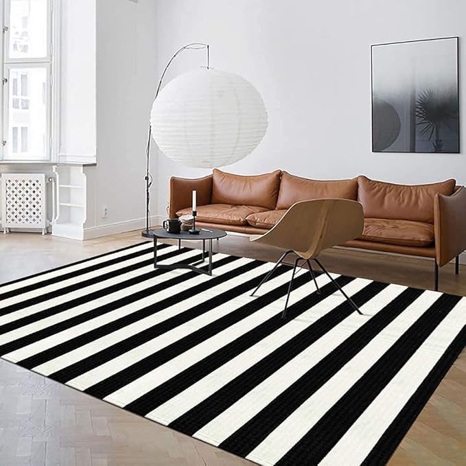 Seavish Black and White Rug, 5x8 ft Outdoor Patio Rugs, Handmade Cotton Woven Farmhouse Christmas Halloween Decor Rug, Machine Washable Carpet Rugs for Living Room Entryway Home Office Dining Room