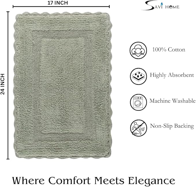 Cotton Crochet Bathmat with Antiskid 17x24 Sage Green, 100% Pure Cotton, Super Soft White, Plush & Absorbent, Hand Tufted Heavy Weight Construction, Full Reversible Step Out Rugs