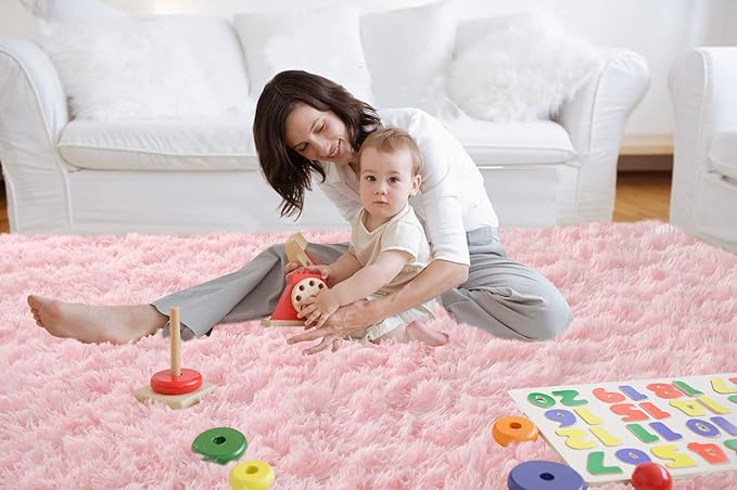 Pink Rug for Girls Bedroom 5x7: Ultra Soft Faux Fur Shag Rugs for Living Room,Modern Indoor Plush Fuzzy Carpets for Kids Nursery Dorm Room Decor
