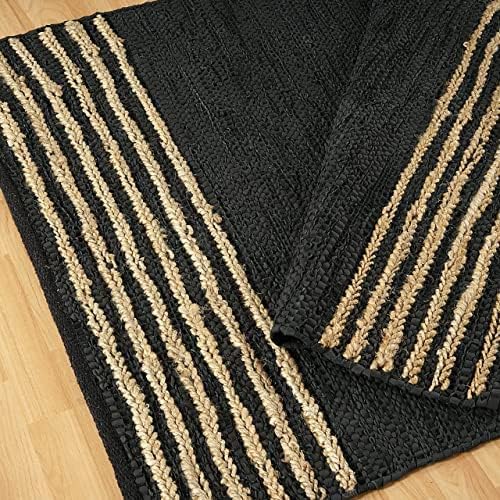 GRUHUM Jute Runner Rugs 2'6"x14' ft Natural Fibre Black Rectangular Leather Handwoven Boho Farmhouse Braided Rustic Vintage Eco Friendly Jute Area Rug Kitchen Livingroom Bedroom Hallways Enterways