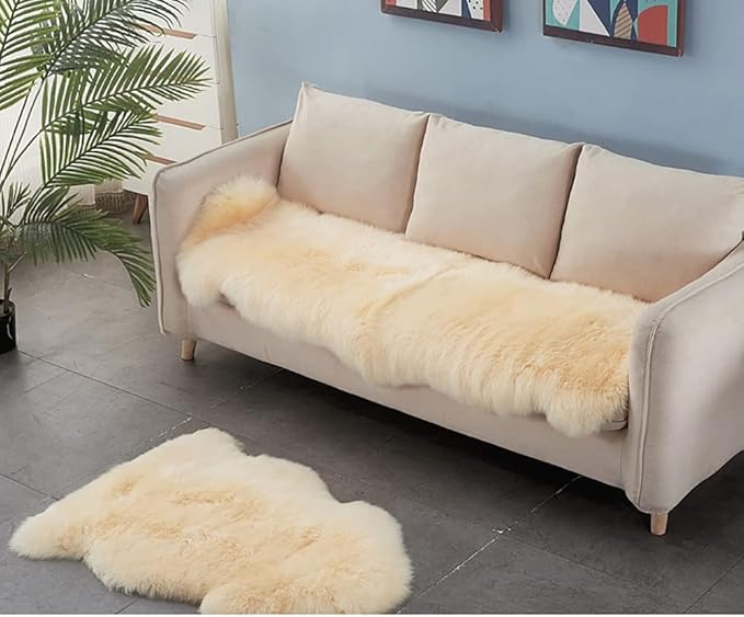 HUAHOO Premium Genuine Sheepskin Rug Beige Real Australia Sheepskin Natural Luxury Fluffy Lambskin Fur Area Rug Seat Covers for Kids Bedroom Sofa Chair Cover Pets Dogs Mat Double Pelt/2' x 6' Beige