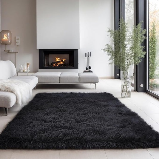 Zentavio 8x10 Black Area Rugs for Living Room Clearance Bedroom Large Men Room Carpet Fluffy Furry Shag Aesthetic Plush High Pile Floor Rug for Nursery Kids Room Dorm Home Decor