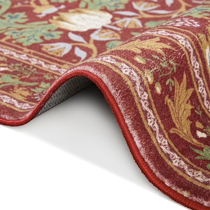 Strawberry Thief Area Rug Rust Red, Ultra Thin 8x10 Washable Carpet, Modern Abstract Art Living Room Rug, Boho Rustic Vintage Floral Botanical Large Rug for Bedroom Kitchen Dining Room Entryway
