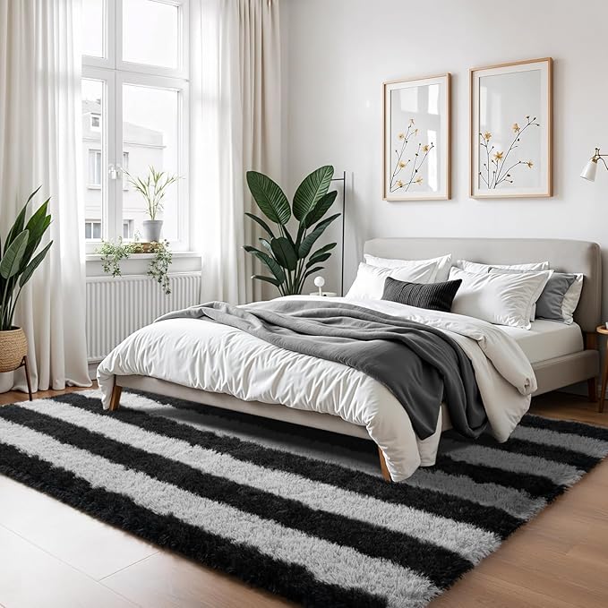 Zentavio Area Rugs for Living Room Rugs for Bedroom 4x6 Carpet Fluffy Fuzzy Soft Shag Aesthetic Plush High Pile Gray Throw Rug for Nursery Kids Room Dorm Horizontal Stripes Black Grey