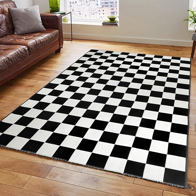Seavish Checkered Rug, 5x6.5 Ft Black and White Outdoor Rug Moroccan Checkerboard Mat Washable Runner Rug Cotton Woven for Hallway Front Door Bedroom Entryway Kitchen Floor Reversible Area Rugs