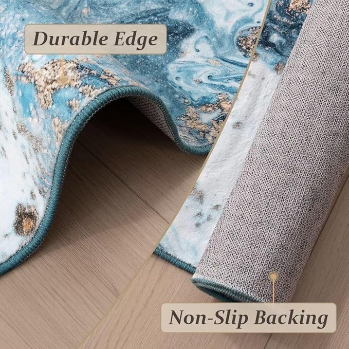 Washable Area Rug 9x12 - Artistic Style Modern Rug for Living Room Bedroom Dining Room, Soft Low Pile Machine Washable Carpet, Non Slip Non Shedding Area Rug - Blue/Gold, 9'x12'