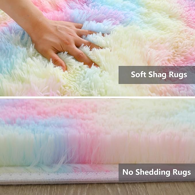 Shag Area Rugs for Bedroom Living Room,8X10 Ultra Soft Fluffy Area Rugs for Dorm,Indoor Carpet Nursery Rugs for Kids Girls Room Home Decor,Rainbow
