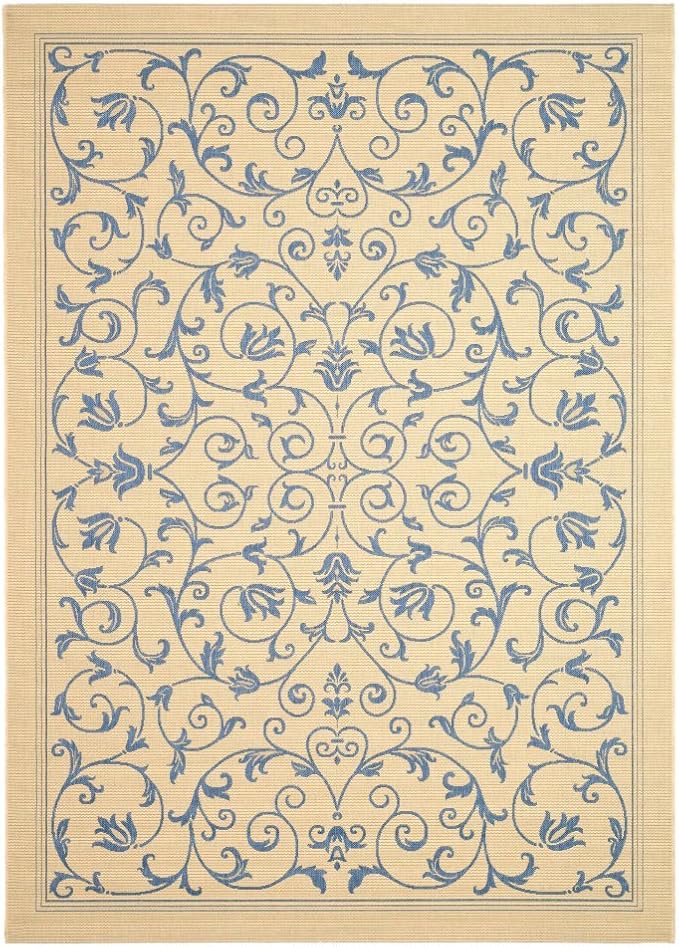 SAFAVIEH Courtyard Collection Area Rug - 6'7" Square, Natural & Blue, Scroll Design, Non-Shedding & Easy Care, Indoor/Outdoor & Washable-Ideal for Patio, Backyard, Mudroom (CY2098-3101)