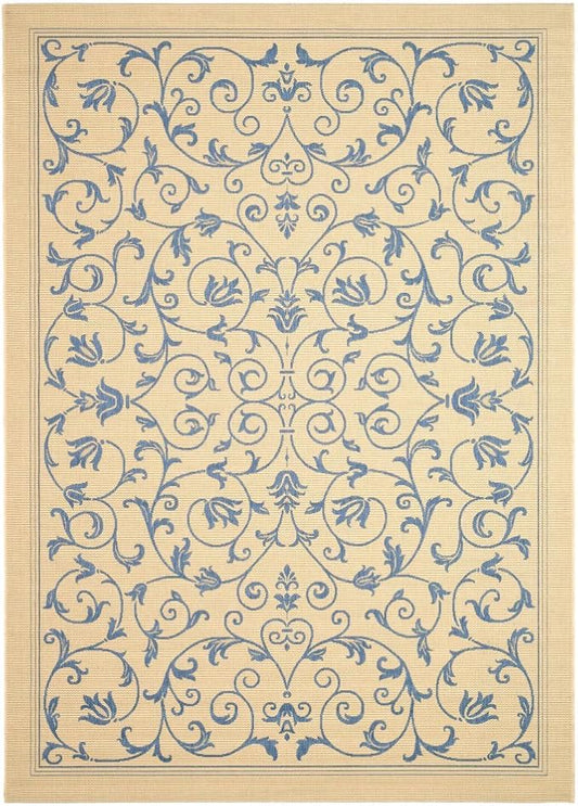SAFAVIEH Courtyard Collection Area Rug - 6'7" Square, Natural & Blue, Scroll Design, Non-Shedding & Easy Care, Indoor/Outdoor & Washable-Ideal for Patio, Backyard, Mudroom (CY2098-3101)