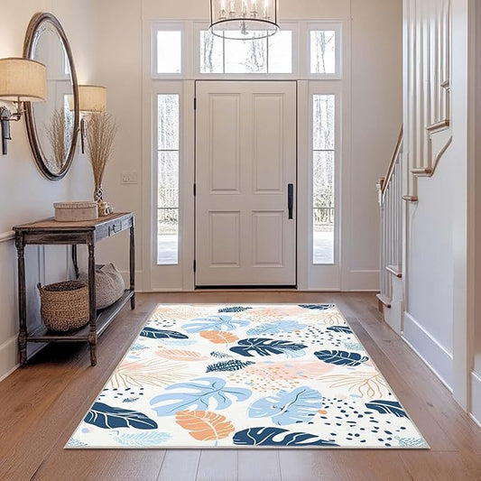 4x6 Rug Boho Botanical Tropical Leaf White Area Rug Bedroom Ultra-Thin Soft Low Pile Large Carpet Living Room Non Slip Dining Room Office Stain Resistant Washable Machine