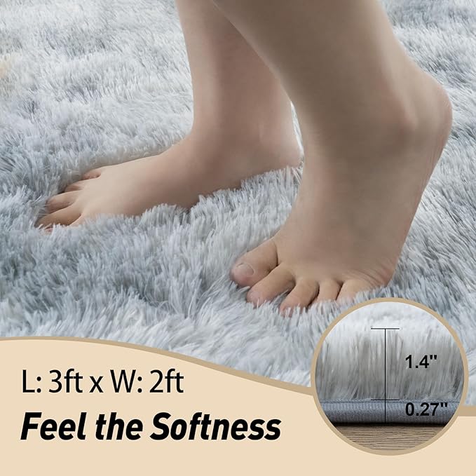 2x3 Rugs for Bedroom, Fluffy Area Rugs for Living Room, Soft Shag Kids Rug Small Carpet with 4 Non-Slip Rug Pads (Grey Tie-Dyed, 2ft x 3ft)