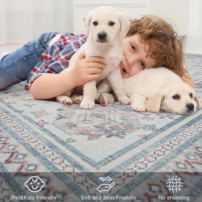 Maxsoft 6x9 Area Rug,Vintage Machine Washable Rugs for Living Room, Soft Non-Slip Low Pile Rug, Stain Resistant Rugs for Kitchen, Bedroom, Dining Room,Laundry Room,Nursery (Beige White)