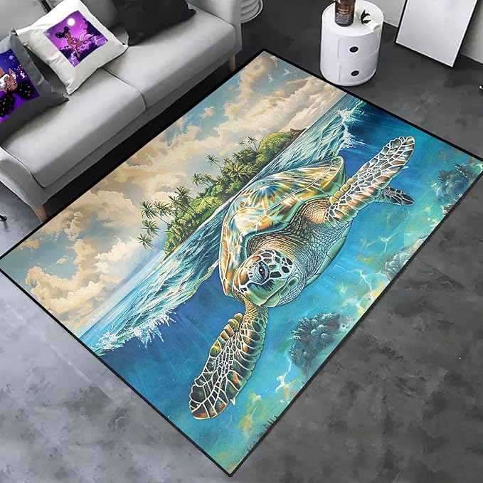 Sea Turtle Coastal Rug - Kids Sea Turtle Rugs for Bedroom Island Ocean Life Theme Carpet for Living Room Classroom, 70" L x 55" W