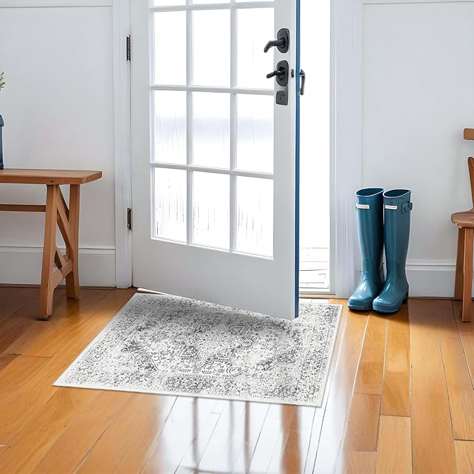 Washable 2x3 Entryway mat - Small Indoor Area Rug for Entrance with Vintage Non-Slip Low-Pile Traditional Medallion Indoor Rug with Stain Resistant Accent Distressed Carpet Thin Rug (Grey)
