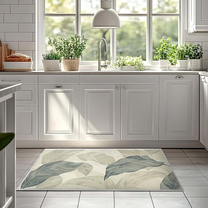 2x3 Entryway Rug Vintage Botanical Leaf Beige Area Rug Thin Small Carpet Bathroom Non Slip Indoor Entrance Low Pile Door Mat Kitchen Stain Resistant Washable Machine