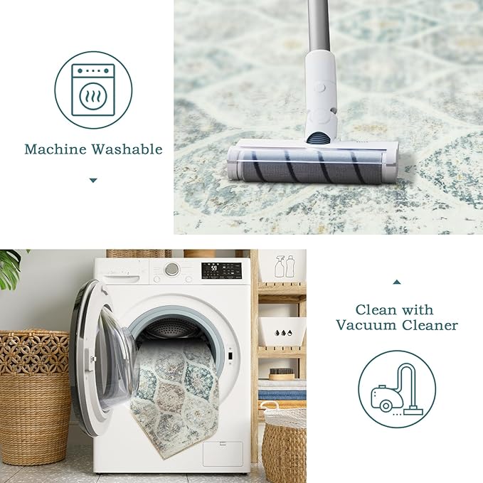 LIVEBOX Entryway Rug 3x5 Washable Area Rugs for Kitchen Bathroom, Boho Non-Slip Front Door Mat for Bedroom, Moroccan Low-Pile Carpet Throw Indoor Mats for Bath Laundry Room, Grey/Blue