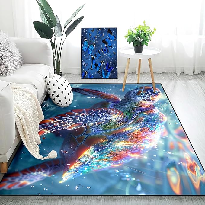 Sea Turtles Rug - Seafloor Turtle Area Rug for Kids 59" L x 39" W Ocean Life Turtles Carpet Rugs for Bedroom Living Room Kids Room Decor Indoor Outdoor