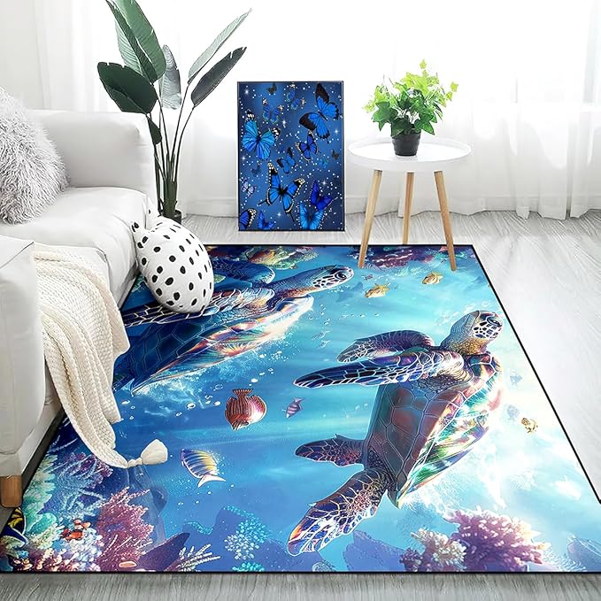 Sea Turtle Coastal Rug - Kids Sea Turtle Rugs for Bedroom Ocean Life Theme, 59" L x 39" W