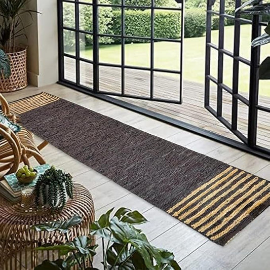 GRUHUM Jute Runner Rug 2'6"x4'ft Natural Fibre Rectangular Jute Area Rug Brown Leather Handwoven Boho Farmhouse Braided Rustic Vintage Eco Friendly Rug Kitchen Livingroom Bedroom Hallways Enterways