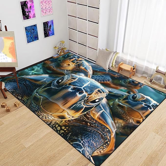 Sea Turtle Carpet Rug - Kids Coastal Rugs for Bedroom Ocean Life Theme, 47" L x 39" W