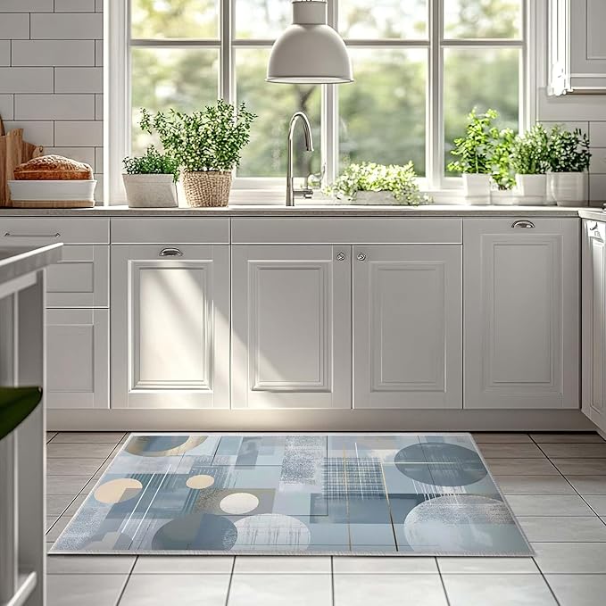 2x3 Entryway Rug Abstract Minimalist Circle Blue Small Area Rug Thin Carpet Bathroom Non Slip Indoor Entrance Low Pile Door Mat Kitchen Stain Resistant Washable Machine