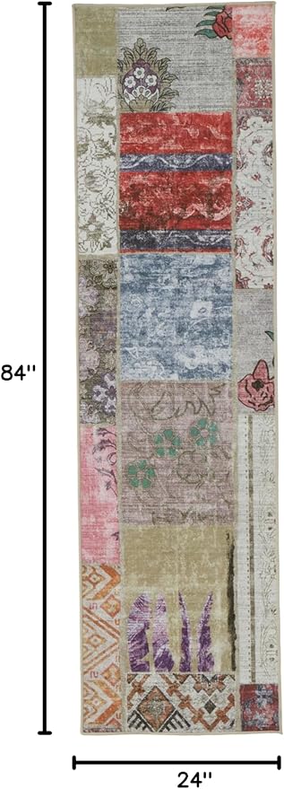Soft Washable Faux Wool Ultra-Thin Patchwork Pink Boho Stain Resistant 7 Foot Runner Rug Non-Slip Backing for Bathroom Bedroom Nursery Hallway Indoor Doormat Bedside Carpet (Multi, 2' x 7')