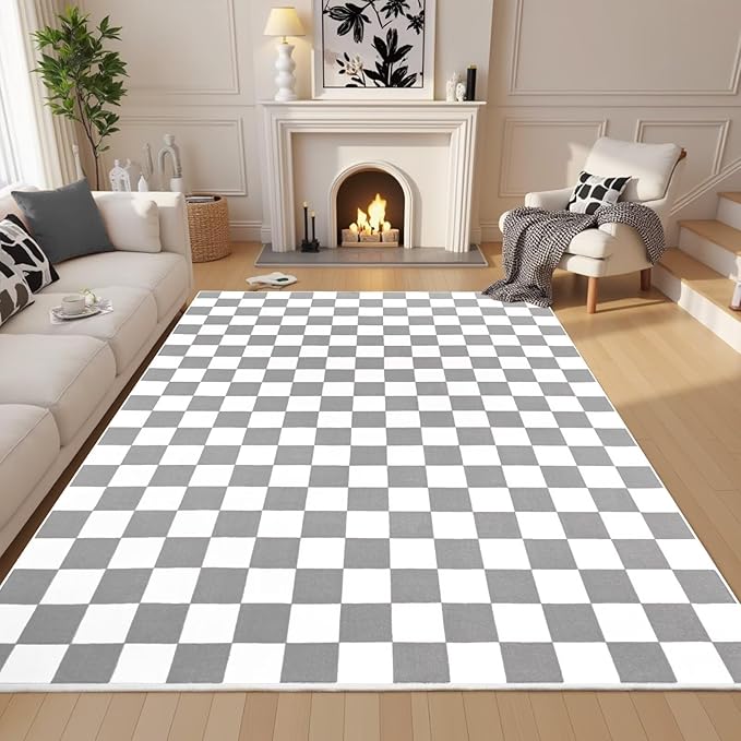 Terrug Grey and White Checkered Rug for Living Room Bedroom, 6x9 Soft Washable Area Rug with Non Slip, Low Pile Stain Resistance Carpet for Kids Room Entryway Kitchen Dorm