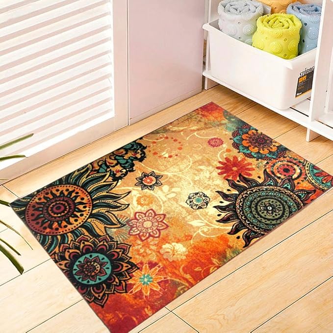 Contemporary Boho Retro Style Abstract Living Room Floor Carpets,Non-Skid Indoor/Outdoor Large Area Rugs,20"x31" Lotus