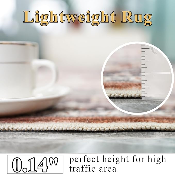 Washable Rug 8x10 Area Rugs: Super Soft Ultra-Thin Carpet - Non-Slip Backing Rugs for Bedroom Dining Room - Stain Resistant Vintage Large Area Rug 8'x10' Brick