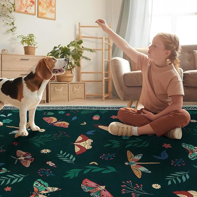 ASPMIZ Insect Area Rug 3X5, Dark Green Bedroom Rug Non Slip, Spring Summer Washable Rug Farmhouse Butterfly Living Room Rugs Low Pile, Soft Faux Wool Throw Carpet for Entryway, Nursery, Dark Green