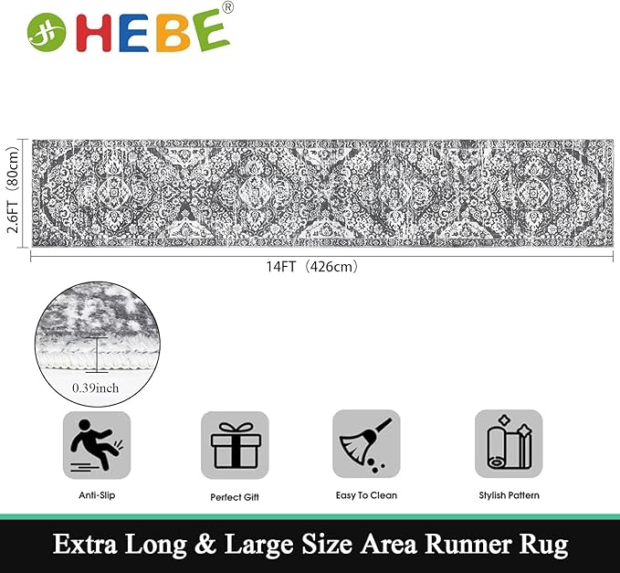 HEBE Hallway Runner Rug 2'8''x14' Washable Vintage Distressed Area Rugs Non Slip Laundry Rug Runner Boho Floor Carpet Runners for Hallways Entryway Laundry Room Kitchen Bathroom
