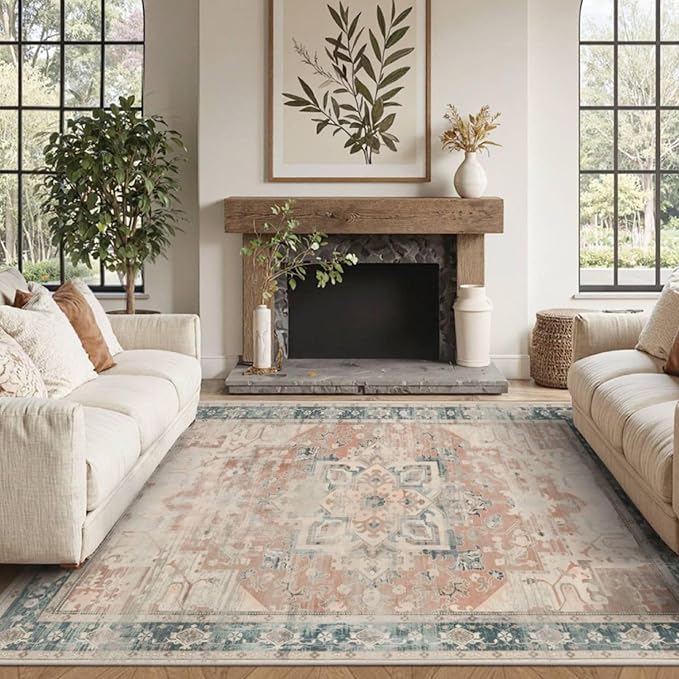 4X6 Rug,Washable Area Rugs for Living Room, Orange Boho Rug,Neutral Vintage for Bedroom, Dining Room, Kids Room, Farmhouse, Low Pile Non Slip Carpet for High Traffic Areas, Coral(Orange&Blue)