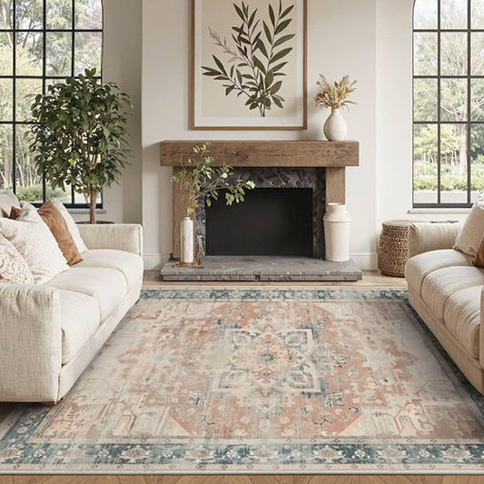 4X6 Rug,Washable Area Rugs for Living Room, Orange Boho Rug,Neutral Vintage for Bedroom, Dining Room, Kids Room, Farmhouse, Low Pile Non Slip Carpet for High Traffic Areas, Coral(Orange&Blue)