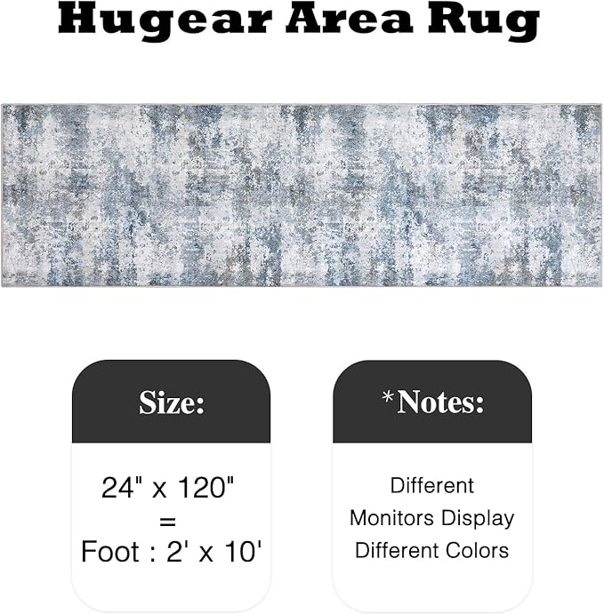 2x10 Runner Rugs Grey Blue Machine Washable Hallway Area Rug Indoor Accent Rug Abstract Non Slip Low Pile Carpet Distressed Throw Rug for Bedroom Living Room Office Dining Room Kitchen