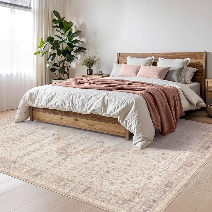 4x6 Washable Area Rug for Living Room & Bedroom, Soft Pink Rugs for Girls Women, Non Slip, Durable Low Pile Carpet, Vintage Carpets for Office, Dining Room, Kids Room and Farmhouse