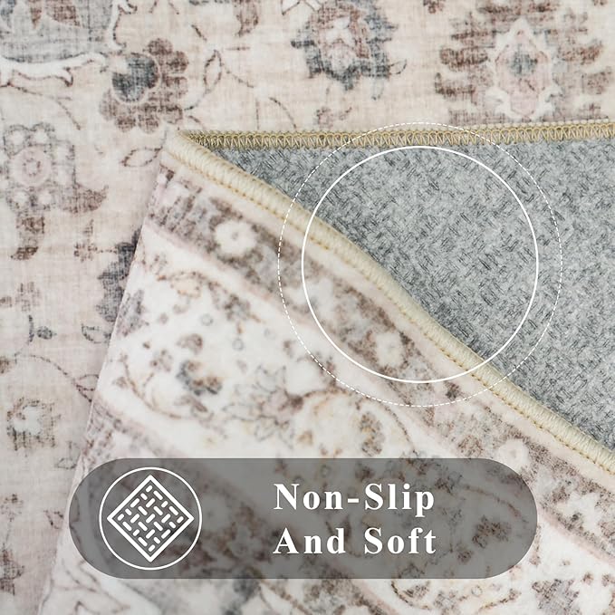 3x20 Long Hallway Runner Rug: Washable Stain Resistant Living Room Carpet Medallion Non-Slip Thin Rugs for Kinchen Dining Room Vintage Soft Low Pile Floor Mat for Bedroom Entryway (3x20,Cream/Beige)