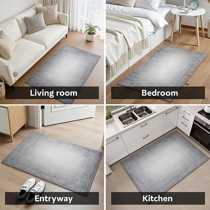 Small Area Rug-2x3 Entryway Rug Non Slip Washable Low Pile Indoor Door Mat Modern Abstract Entrance Rugs Carpet for Bedroom Kitchen Powder Room Front Porch Bathroom, Grey