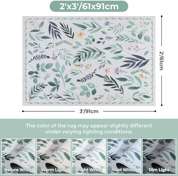 Syalife 2x3 Area Rugs, Non Slip Washable Small Rugs for Entryway, Kitchen, Bathroom, Kids Room, Low Pile Entry Throw Rug Indoor Front Door Mat (Green Leafy, 2'x3')