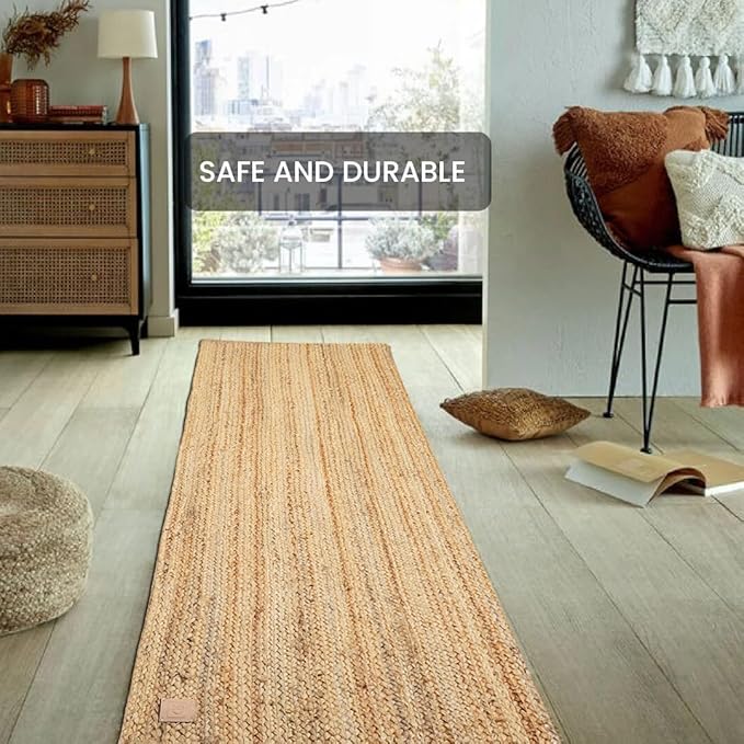 GRUHUM Jute Runner Rug 2x6 Feet- Rectangle Natural Fiber Braided Hand Woven Farmhouse Rustic Vintage Eco-Friendly Runner Rugs for Kitchen Hallways Enterways Living Room Bedroom Home Decor 2'x6'ft